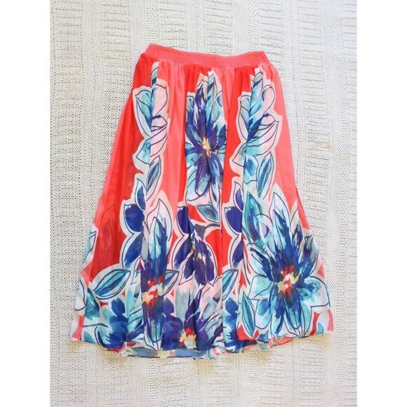 Chicos Tropical Floral Flowy Maxi Skirt Size 1/M  Elastic waist Vibrant Red Blue - Picture 6 of 9